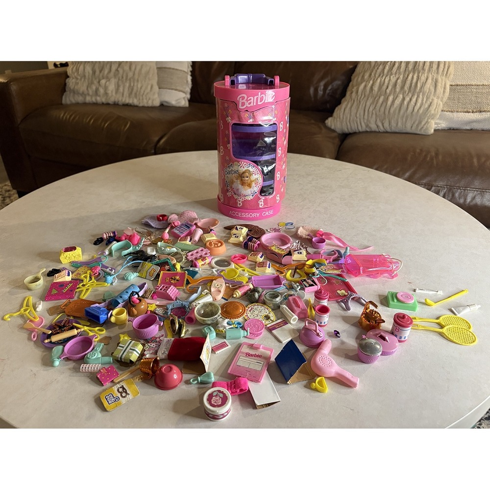 Vintage Barbie Accessory Lot 1992 Pink Case Shoes Kitchen Food Hangers